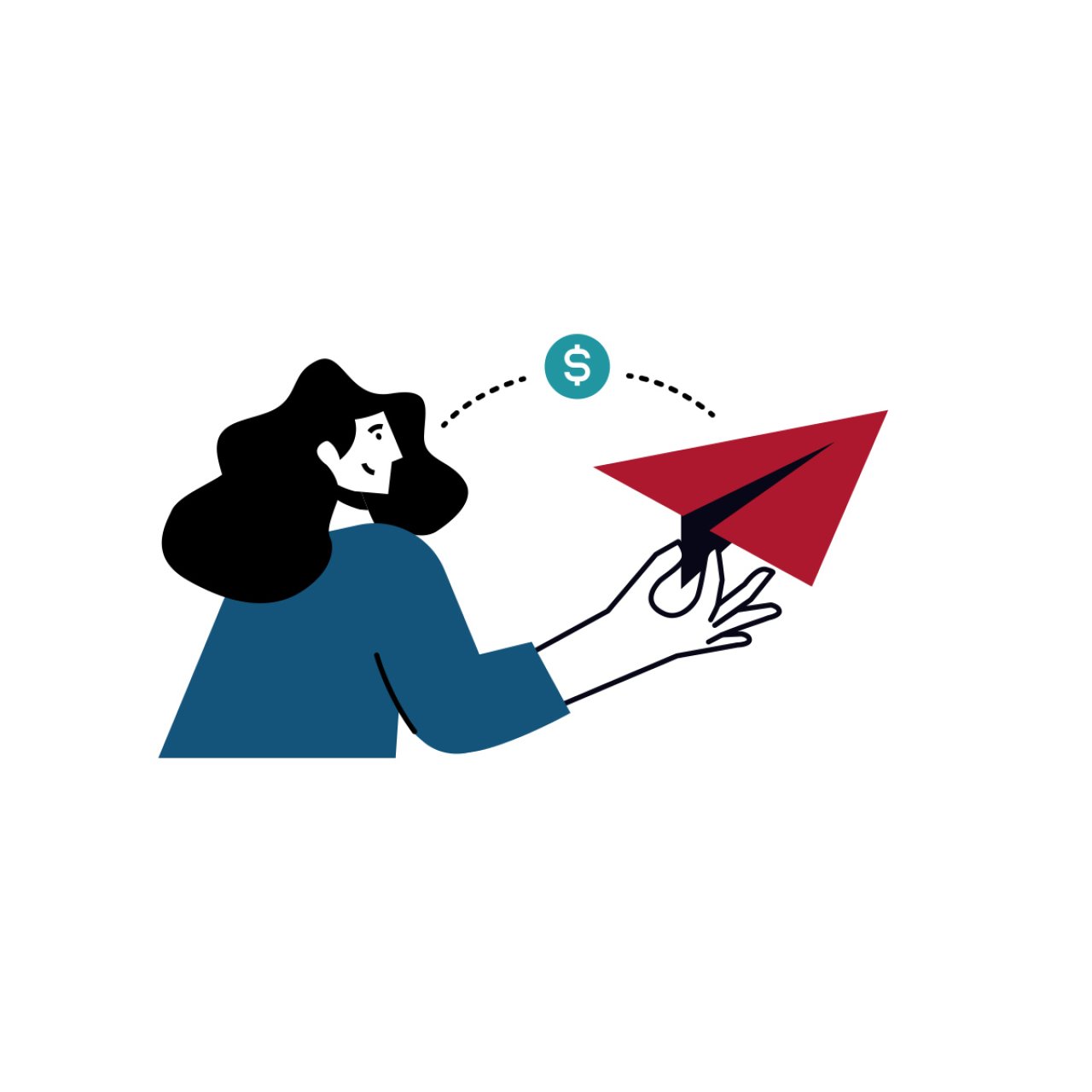 Frau sendet Geld weltweit mit YAPEAL symbolisiert mit einem roten Papierflieger