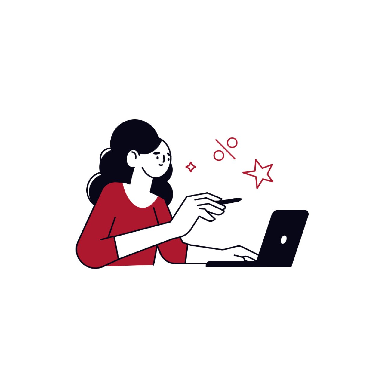 Illustration einer Frau mit rotem Pullover und einem Zauberstab vor einem Computer