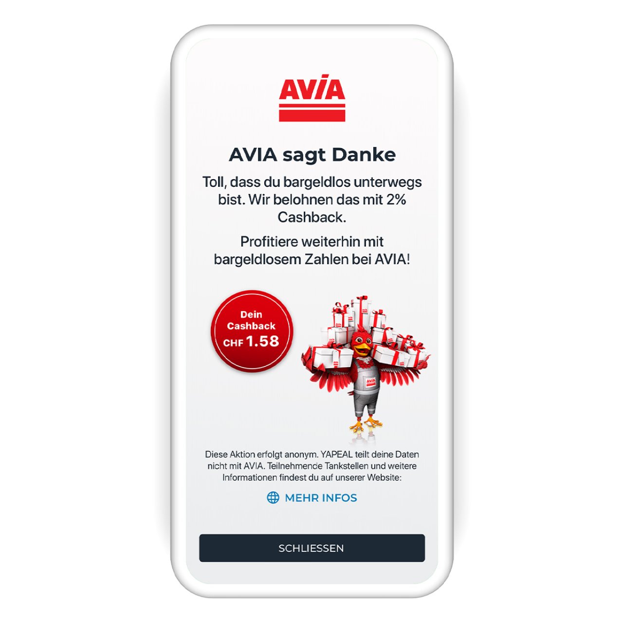 AVIA sagt Danke Screen in der YAPEAL App